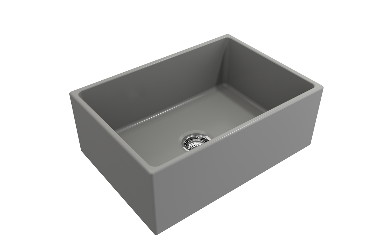 BOCCHI 1356-006-0120 Contempo Apron Front Fireclay 27 in. Single Bowl Kitchen Sink with Protective Bottom Grid and Strainer in Matte Gray