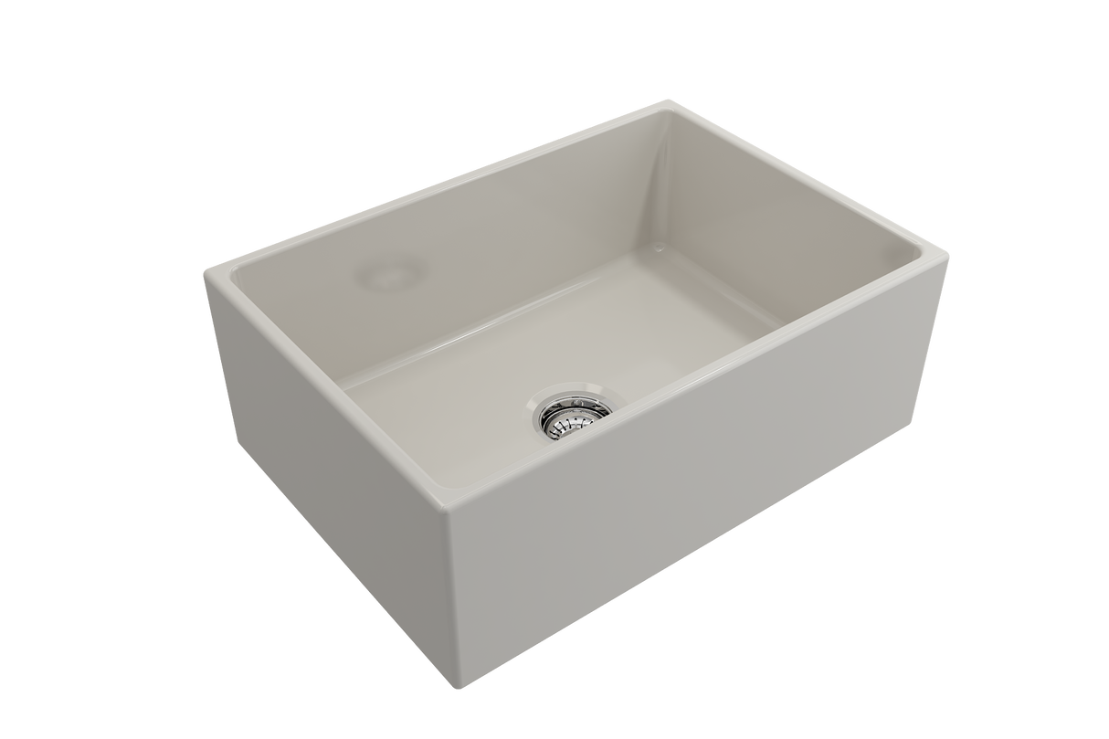 BOCCHI 1356-014-0120 Contempo Apron Front Fireclay 27 in. Single Bowl Kitchen Sink with Protective Bottom Grid and Strainer in Biscuit