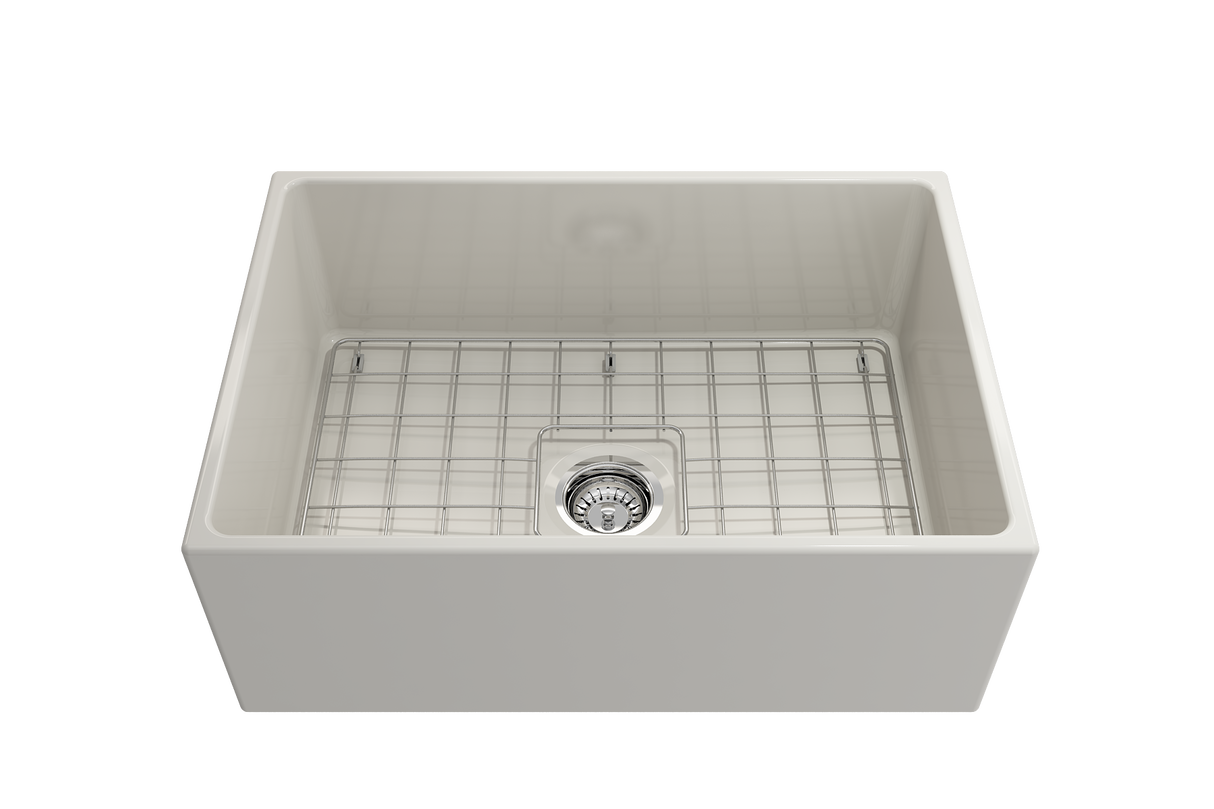 BOCCHI 1356-014-0120 Contempo Apron Front Fireclay 27 in. Single Bowl Kitchen Sink with Protective Bottom Grid and Strainer in Biscuit