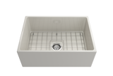 BOCCHI 1356-014-0120 Contempo Apron Front Fireclay 27 in. Single Bowl Kitchen Sink with Protective Bottom Grid and Strainer in Biscuit