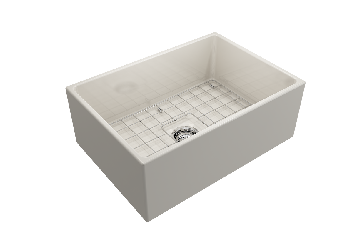 BOCCHI 1356-014-0120 Contempo Apron Front Fireclay 27 in. Single Bowl Kitchen Sink with Protective Bottom Grid and Strainer in Biscuit