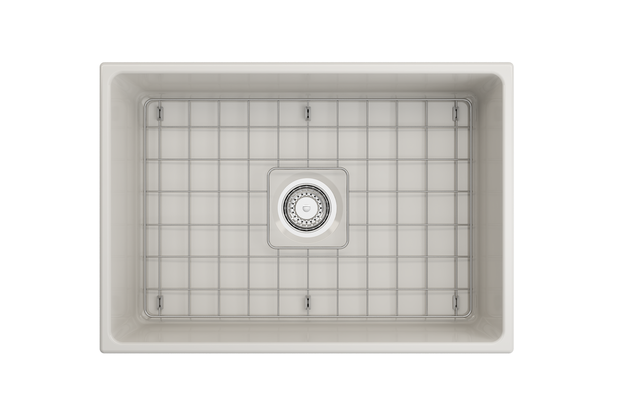 BOCCHI 1356-014-0120 Contempo Apron Front Fireclay 27 in. Single Bowl Kitchen Sink with Protective Bottom Grid and Strainer in Biscuit