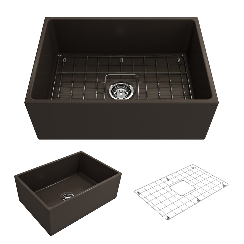 BOCCHI 1356-025-0120 Contempo Apron Front Fireclay 27 in. Single Bowl Kitchen Sink with Protective Bottom Grid and Strainer in Matte Brown