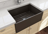 BOCCHI 1356-025-0120 Contempo Apron Front Fireclay 27 in. Single Bowl Kitchen Sink with Protective Bottom Grid and Strainer in Matte Brown