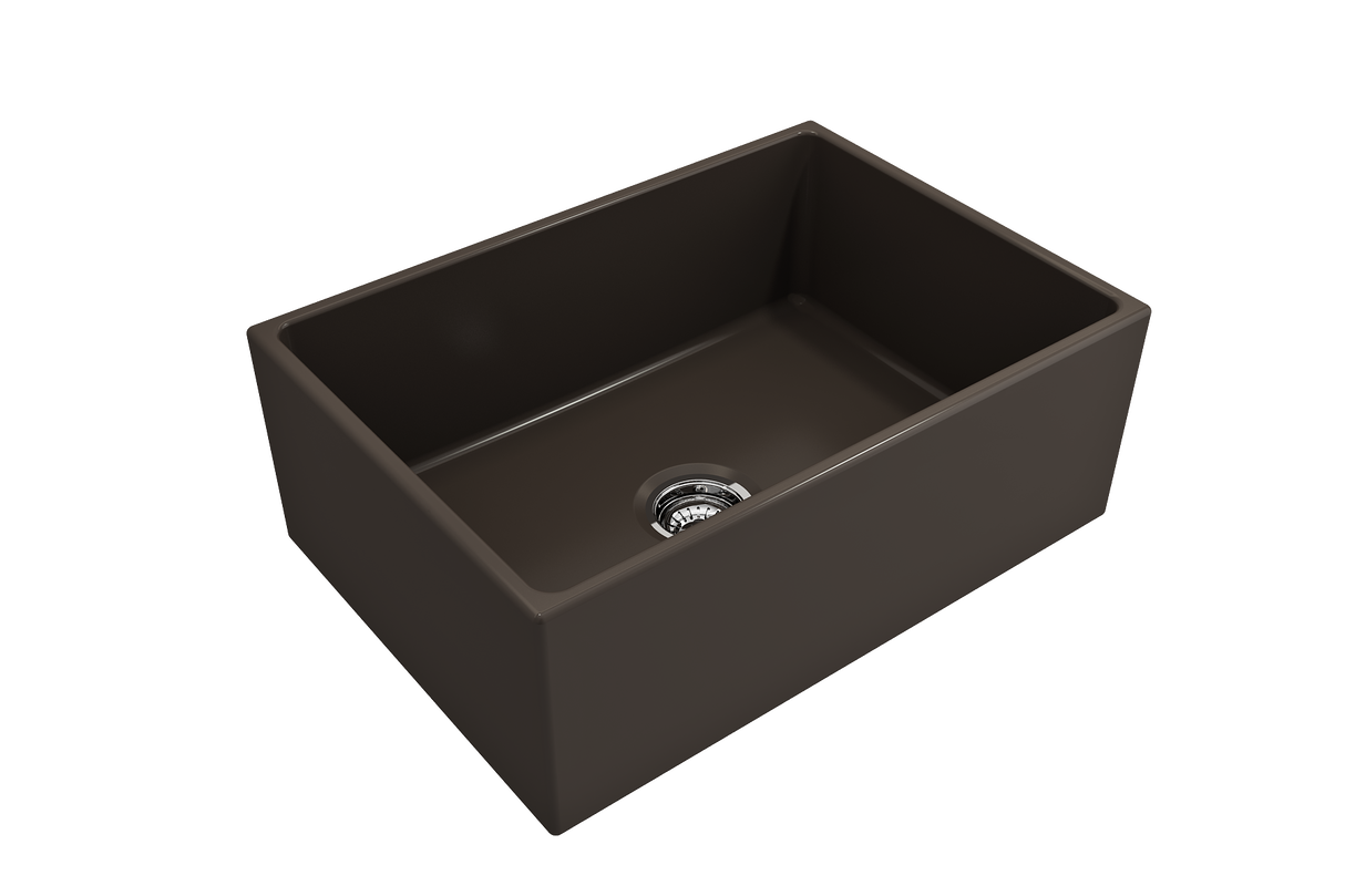 BOCCHI 1356-025-0120 Contempo Apron Front Fireclay 27 in. Single Bowl Kitchen Sink with Protective Bottom Grid and Strainer in Matte Brown