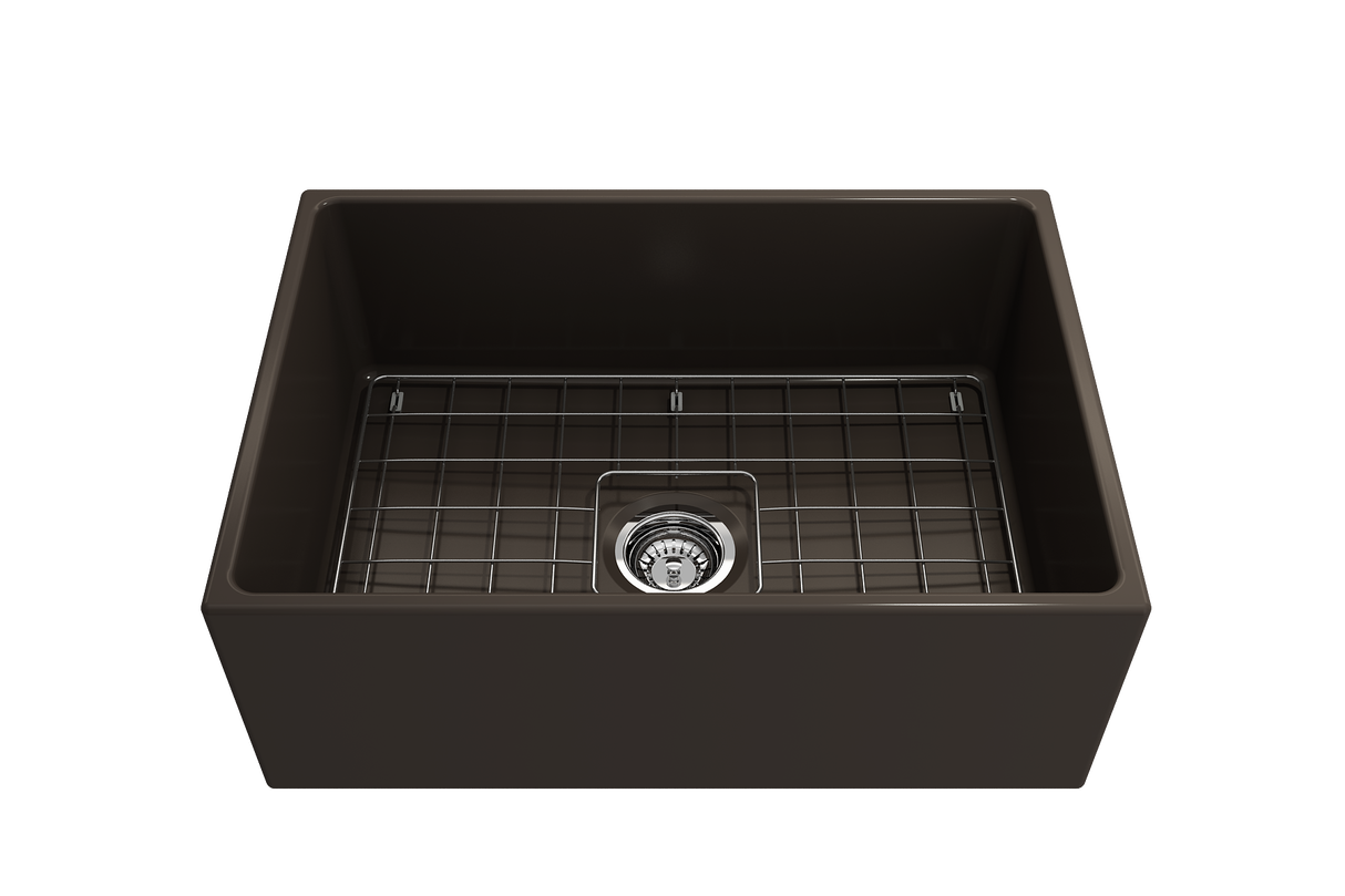 BOCCHI 1356-025-0120 Contempo Apron Front Fireclay 27 in. Single Bowl Kitchen Sink with Protective Bottom Grid and Strainer in Matte Brown