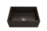 BOCCHI 1356-025-0120 Contempo Apron Front Fireclay 27 in. Single Bowl Kitchen Sink with Protective Bottom Grid and Strainer in Matte Brown