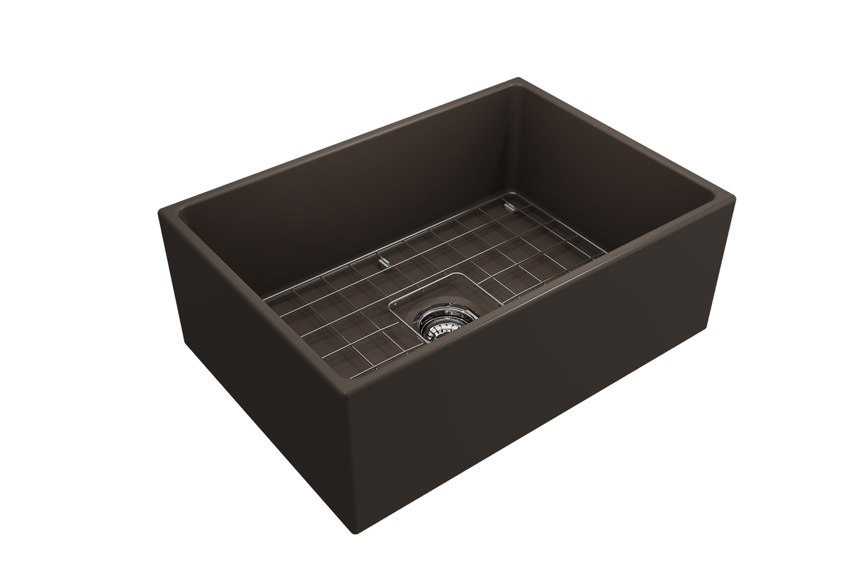 BOCCHI 1356-025-0120 Contempo Apron Front Fireclay 27 in. Single Bowl Kitchen Sink with Protective Bottom Grid and Strainer in Matte Brown