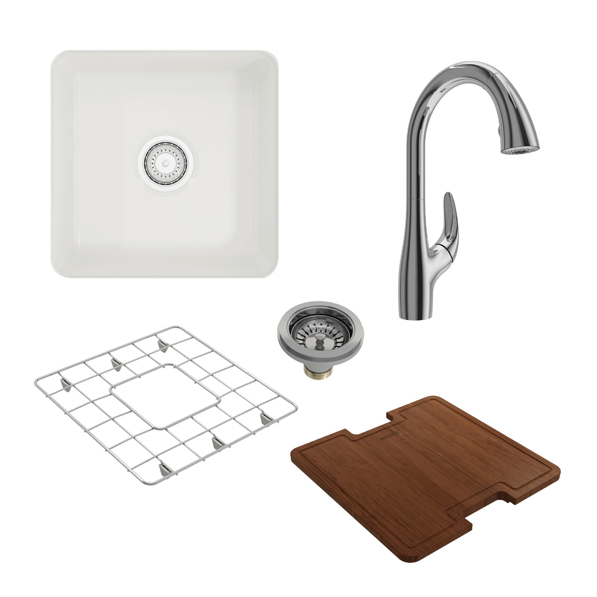 BOCCHI 1359-001-2024CH Kit: 1359 Sotto Dual-mount Fireclay 18 in. Single Bowl Bar Sink with protective Bottom Grid and Strainer and custom-fit Cutting Board top w/ Pagano 2.0 Faucet
