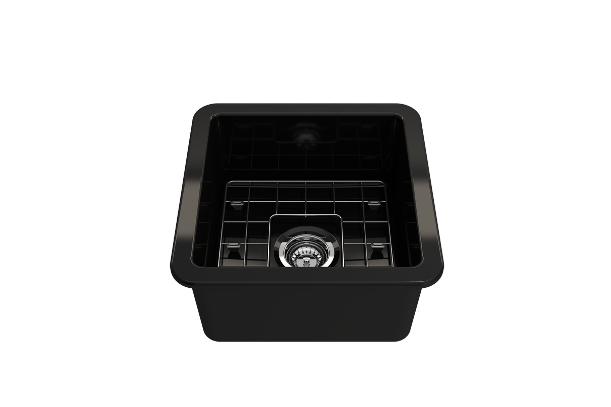 BOCCHI 1359-005-0120 Sotto Dual-mount Fireclay 18 in. Single Bowl Bar Sink with Protective Bottom Grid and Strainer in Black