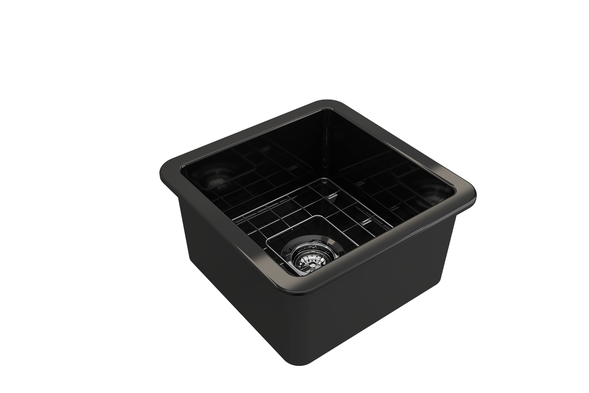 BOCCHI 1359-005-0120 Sotto Dual-mount Fireclay 18 in. Single Bowl Bar Sink with Protective Bottom Grid and Strainer in Black