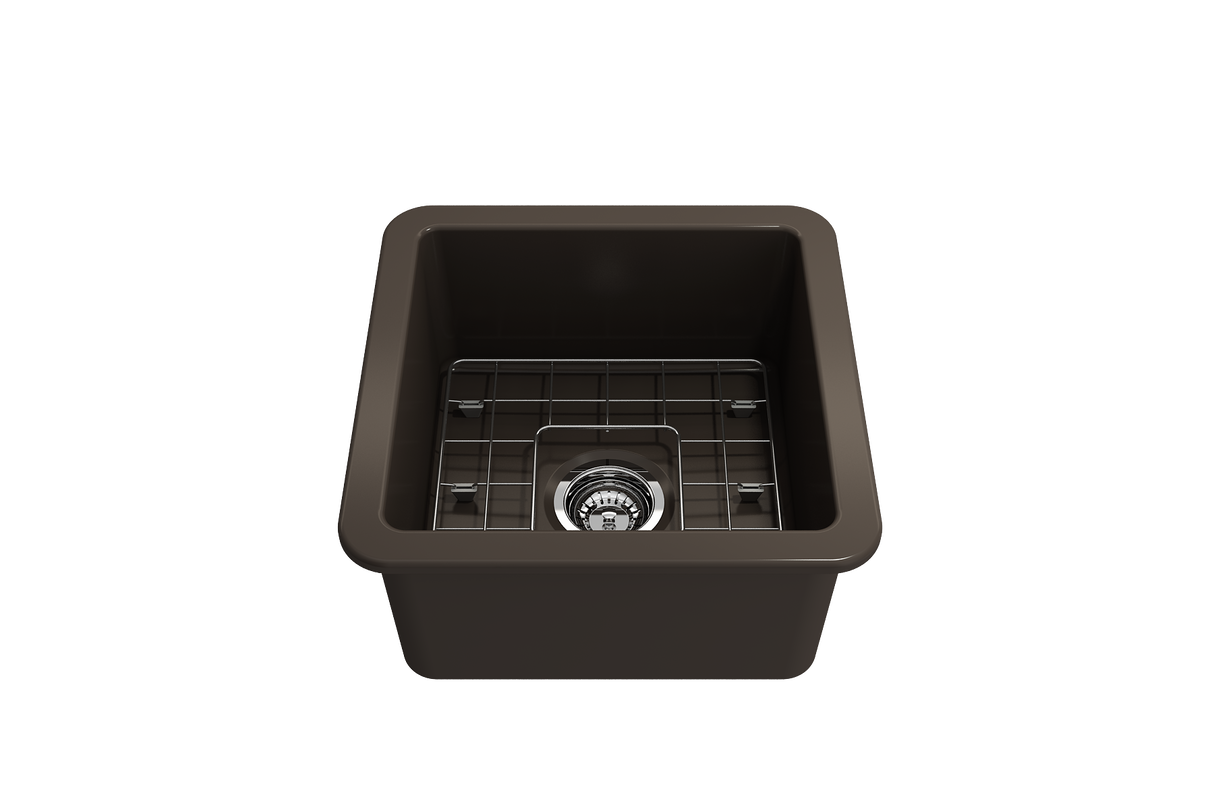 BOCCHI 1359-025-0120 Sotto Dual-mount Fireclay 18 in. Single Bowl Bar Sink with Protective Bottom Grid and Strainer in Matte Brown