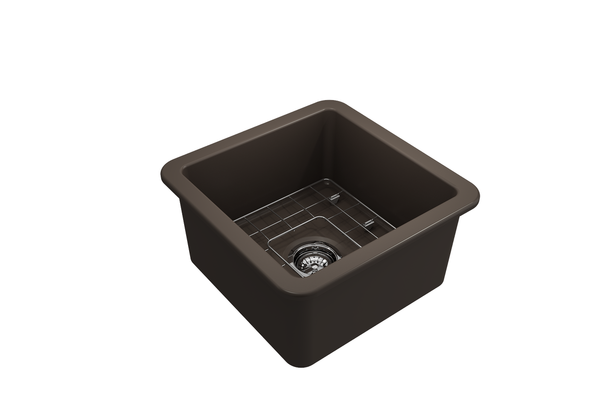 BOCCHI 1359-025-0120 Sotto Dual-mount Fireclay 18 in. Single Bowl Bar Sink with Protective Bottom Grid and Strainer in Matte Brown