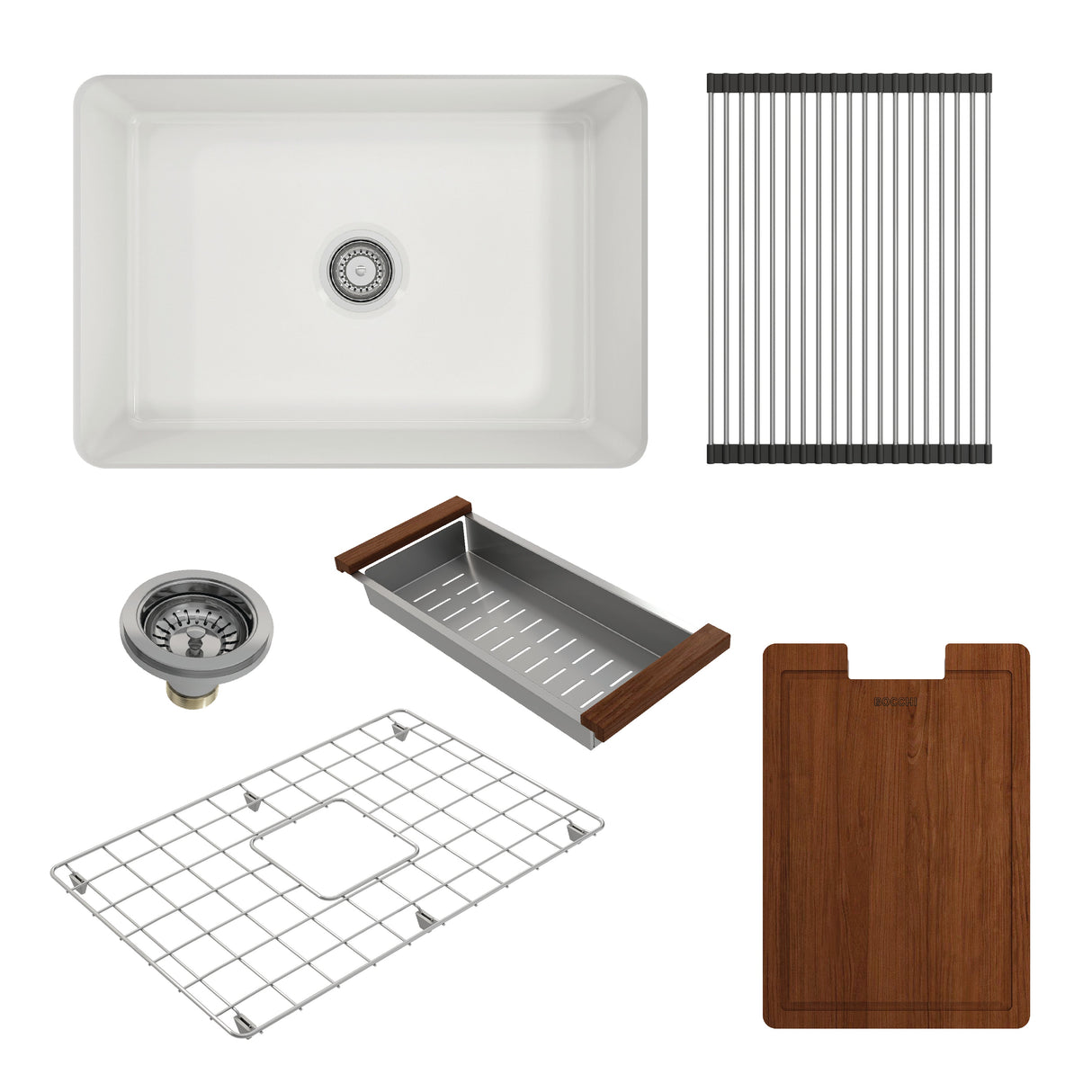 BOCCHI 1360-001-KIT1 Kit: 1360 Sotto Dual-mount Fireclay 27 in. Single Bowl Kitchen Sink with Protective Bottom Grid and Strainer & Workstation Accessories