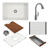 BOCCHI 1360-001-2024CH Kit: 1360 Sotto Dual-mount Fireclay 27 in. Single Bowl Kitchen Sink with Protective Bottom Grid and Strainer & Workstation Accessories w/ Pagano 2.0 Faucet