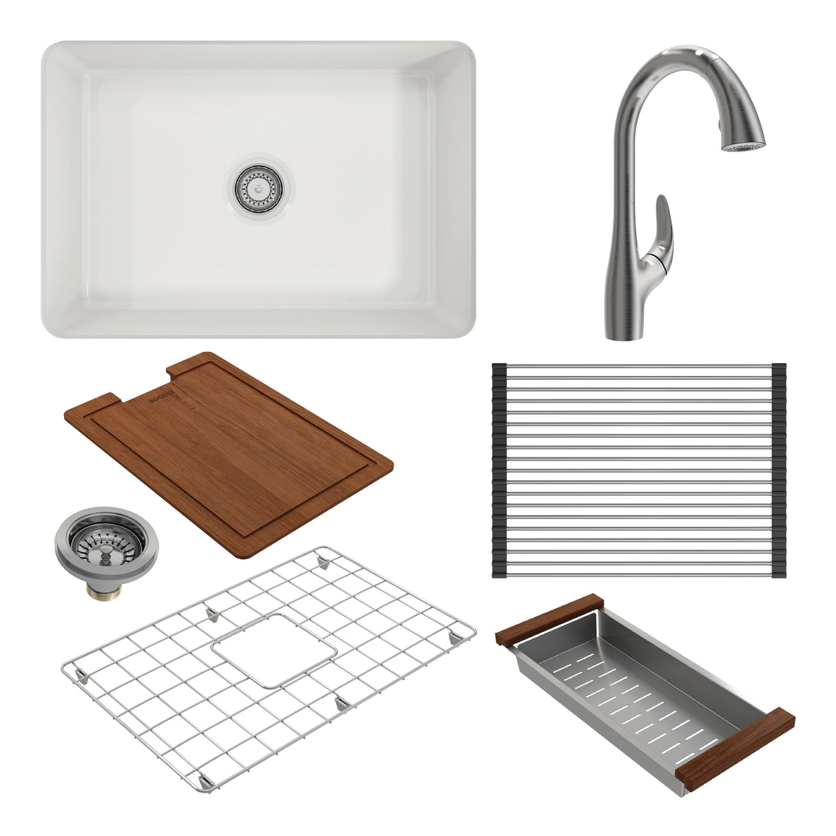 BOCCHI 1360-001-2024SS Kit: 1360 Sotto Dual-mount Fireclay 27 in. Single Bowl Kitchen Sink with Protective Bottom Grid and Strainer & Workstation Accessories w/ Pagano 2.0 Faucet