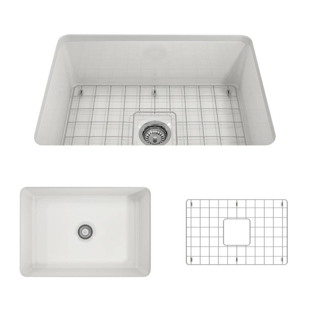 BOCCHI 1360-001-KIT1 Kit: 1360 Sotto Dual-mount Fireclay 27 in. Single Bowl Kitchen Sink with Protective Bottom Grid and Strainer & Workstation Accessories