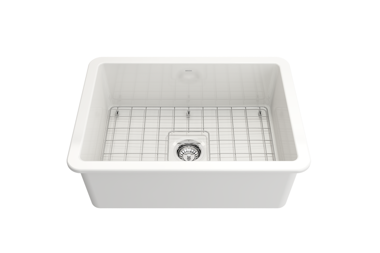 BOCCHI 1360-001-2024SS Kit: 1360 Sotto Dual-mount Fireclay 27 in. Single Bowl Kitchen Sink with Protective Bottom Grid and Strainer & Workstation Accessories w/ Pagano 2.0 Faucet