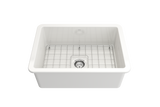 BOCCHI 1360-001-2024SS Kit: 1360 Sotto Dual-mount Fireclay 27 in. Single Bowl Kitchen Sink with Protective Bottom Grid and Strainer & Workstation Accessories w/ Pagano 2.0 Faucet