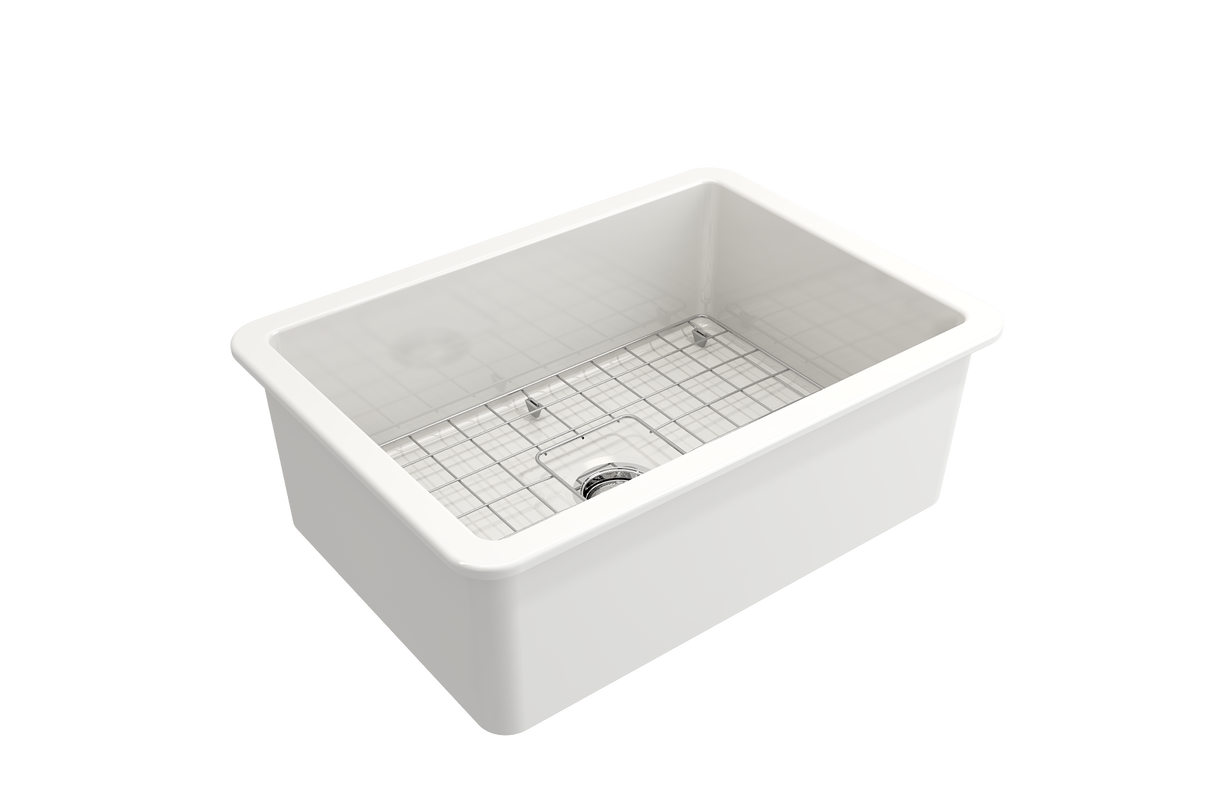 BOCCHI 1360-001-2024SS Kit: 1360 Sotto Dual-mount Fireclay 27 in. Single Bowl Kitchen Sink with Protective Bottom Grid and Strainer & Workstation Accessories w/ Pagano 2.0 Faucet