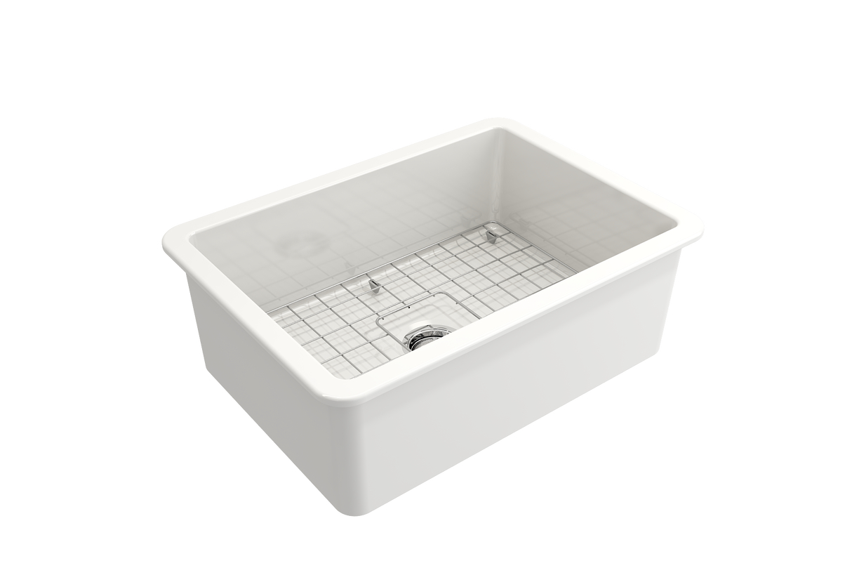 BOCCHI 1360-001-2024CH Kit: 1360 Sotto Dual-mount Fireclay 27 in. Single Bowl Kitchen Sink with Protective Bottom Grid and Strainer & Workstation Accessories w/ Pagano 2.0 Faucet