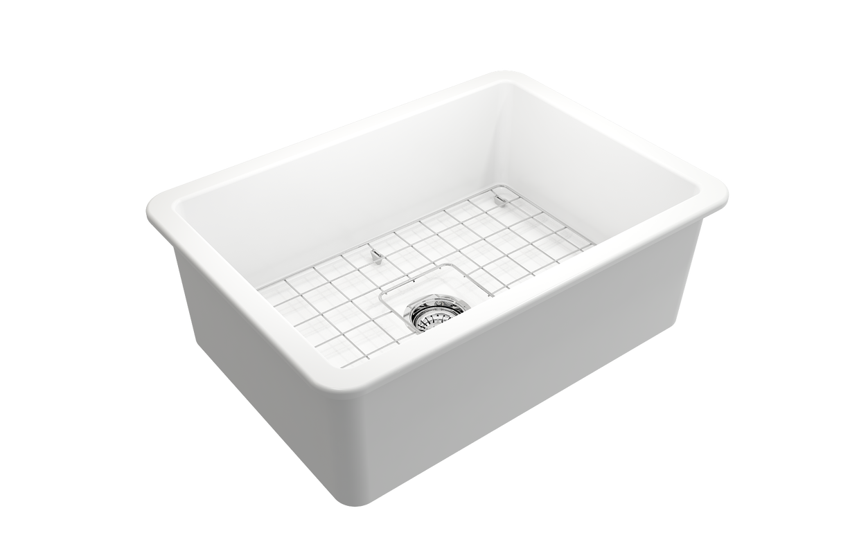 BOCCHI 1360-002-0120 Sotto Dual-mount Fireclay 27 in. Single Bowl Kitchen Sink with Protective Bottom Grid and Strainer in Matte White