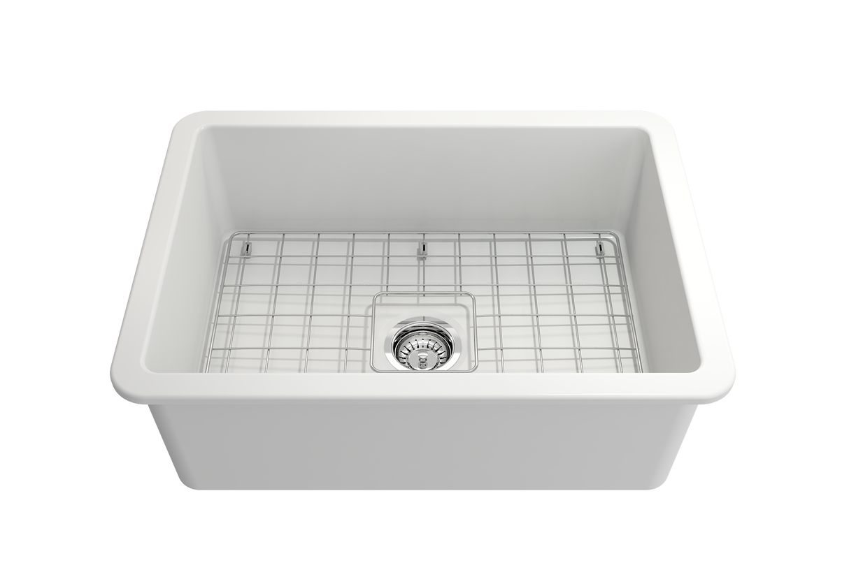 BOCCHI 1360-002-0120 Sotto Dual-mount Fireclay 27 in. Single Bowl Kitchen Sink with Protective Bottom Grid and Strainer in Matte White