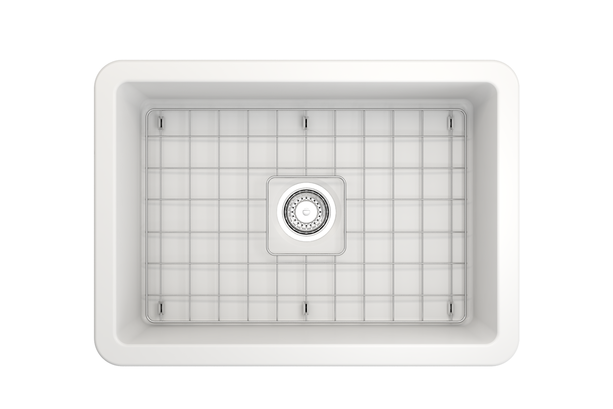 BOCCHI 1360-002-0120 Sotto Dual-mount Fireclay 27 in. Single Bowl Kitchen Sink with Protective Bottom Grid and Strainer in Matte White