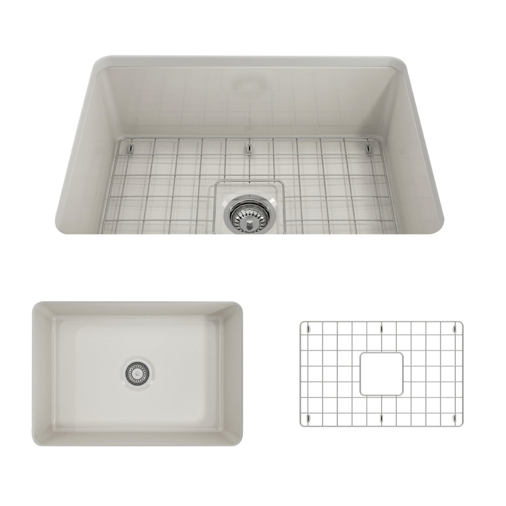 BOCCHI 1360-014-0120 Sotto Dual-mount Fireclay 27 in. Single Bowl Kitchen Sink with Protective Bottom Grid and Strainer in Biscuit