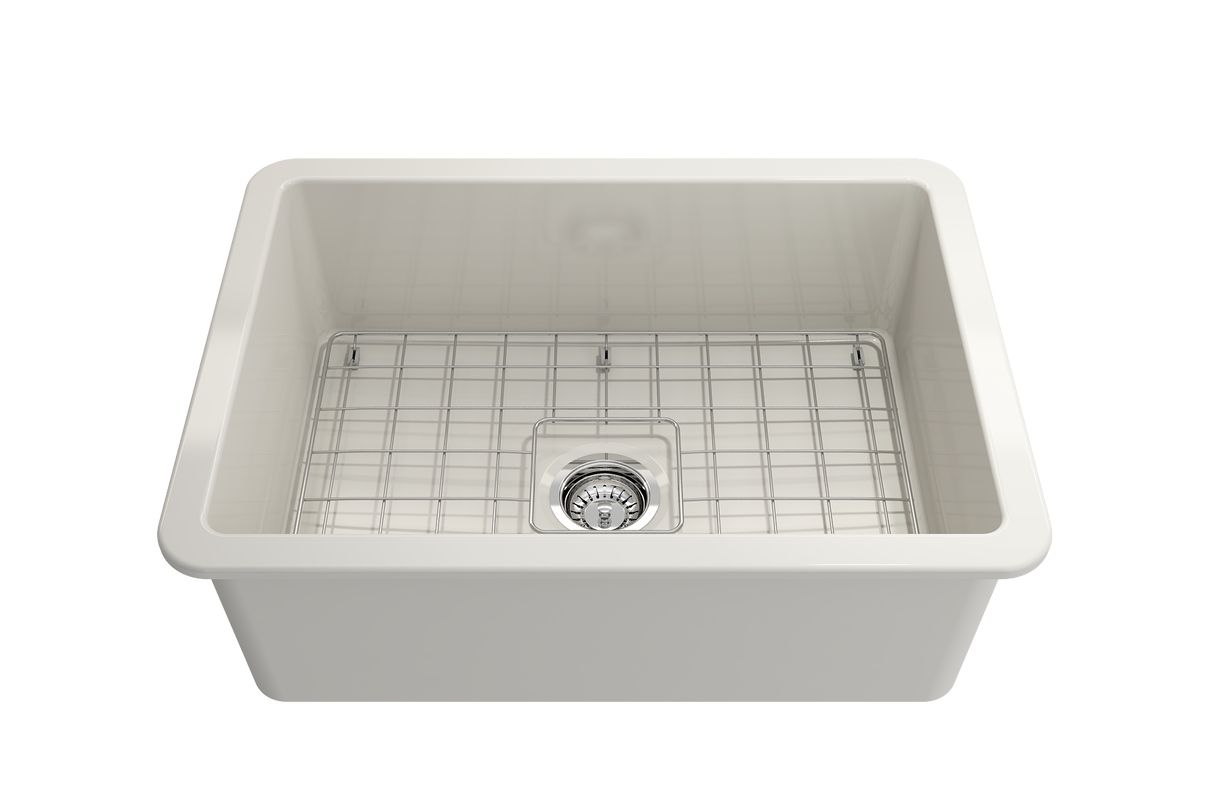 BOCCHI 1360-014-0120 Sotto Dual-mount Fireclay 27 in. Single Bowl Kitchen Sink with Protective Bottom Grid and Strainer in Biscuit