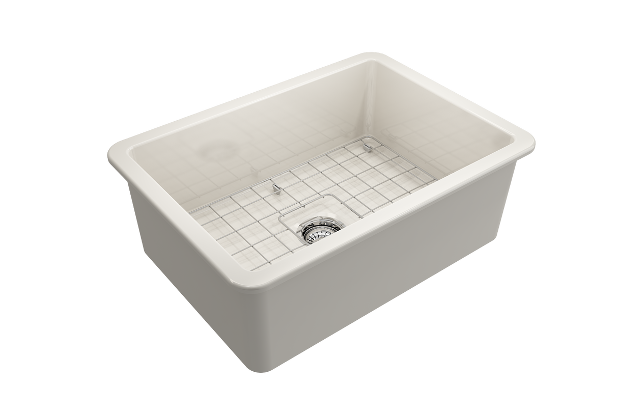 BOCCHI 1360-014-0120 Sotto Dual-mount Fireclay 27 in. Single Bowl Kitchen Sink with Protective Bottom Grid and Strainer in Biscuit