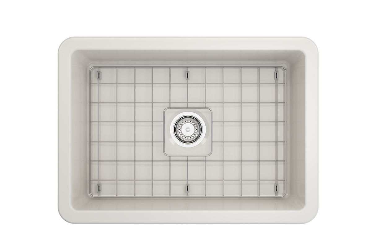 BOCCHI 1360-014-0120 Sotto Dual-mount Fireclay 27 in. Single Bowl Kitchen Sink with Protective Bottom Grid and Strainer in Biscuit