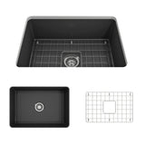 BOCCHI 1360-020-0120 Sotto Dual-mount Fireclay 27 in. Single Bowl Kitchen Sink with Protective Bottom Grid and Strainer in Matte Dark Gray