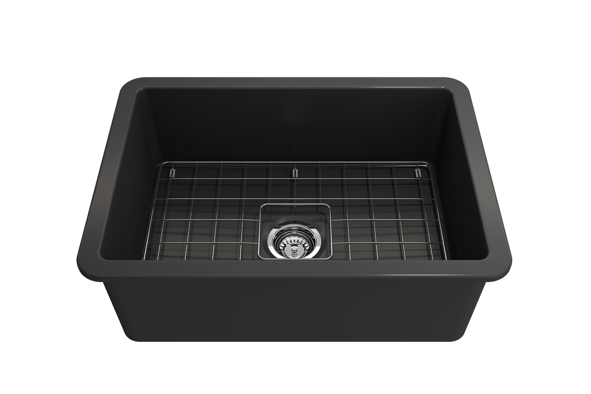 BOCCHI 1360-020-0120 Sotto Dual-mount Fireclay 27 in. Single Bowl Kitchen Sink with Protective Bottom Grid and Strainer in Matte Dark Gray