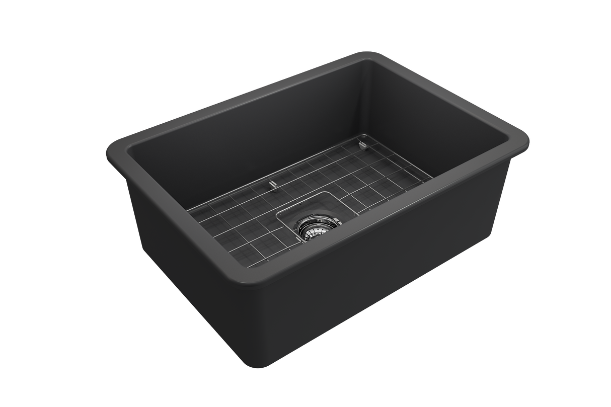 BOCCHI 1360-020-0120 Sotto Dual-mount Fireclay 27 in. Single Bowl Kitchen Sink with Protective Bottom Grid and Strainer in Matte Dark Gray