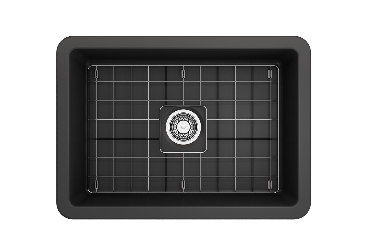 BOCCHI 1360-020-0120 Sotto Dual-mount Fireclay 27 in. Single Bowl Kitchen Sink with Protective Bottom Grid and Strainer in Matte Dark Gray