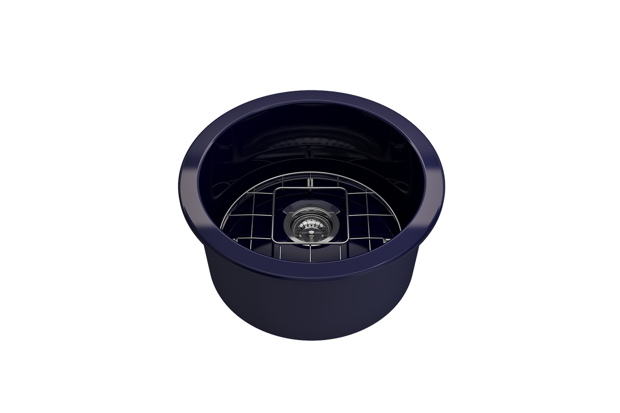 BOCCHI 1361-010-0120 Sotto Round Dual-mount Fireclay 18.5 in. Single Bowl Bar Sink with Protective Bottom Grid and Strainer in Sapphire Blue