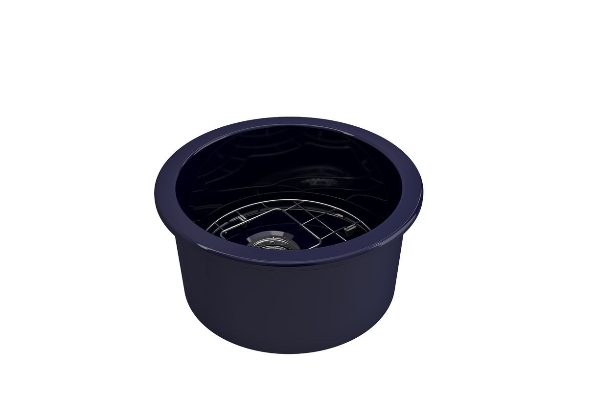 BOCCHI 1361-010-0120 Sotto Round Dual-mount Fireclay 18.5 in. Single Bowl Bar Sink with Protective Bottom Grid and Strainer in Sapphire Blue