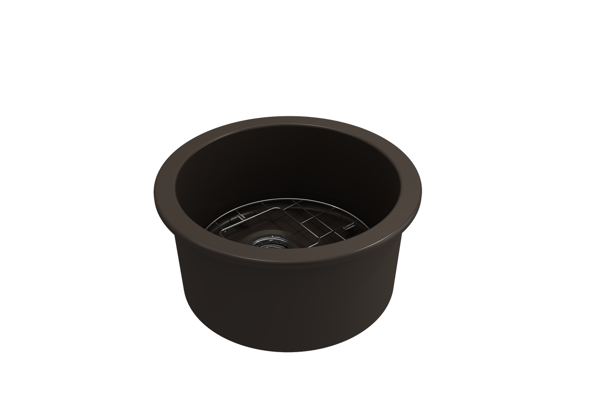 BOCCHI 1361-025-0120 Sotto Round Dual-mount Fireclay 18.5 in. Single Bowl Bar Sink with Protective Bottom Grid and Strainer in Matte Brown