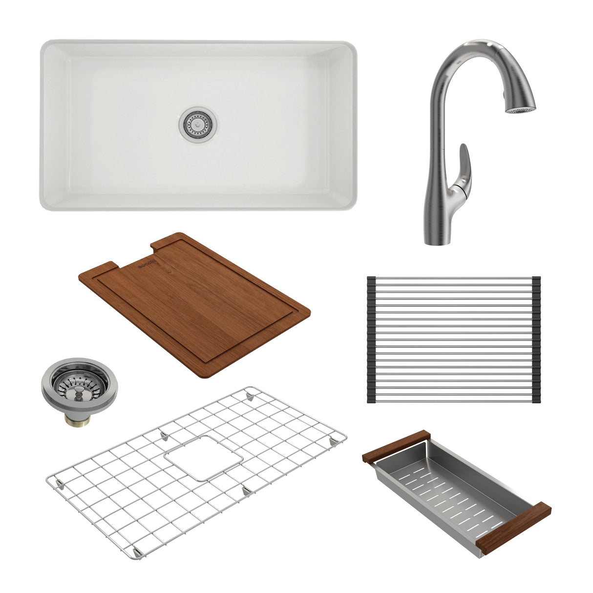 BOCCHI 1362-001-2024CH Kit: 1362 Sotto Dual-mount Fireclay 32 in. Single Bowl Kitchen Sink with Protective Bottom Grid and Strainer & Workstation Accessories w/ Pagano 2.0 Faucet
