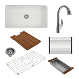 BOCCHI 1362-001-2024CH Kit: 1362 Sotto Dual-mount Fireclay 32 in. Single Bowl Kitchen Sink with Protective Bottom Grid and Strainer & Workstation Accessories w/ Pagano 2.0 Faucet