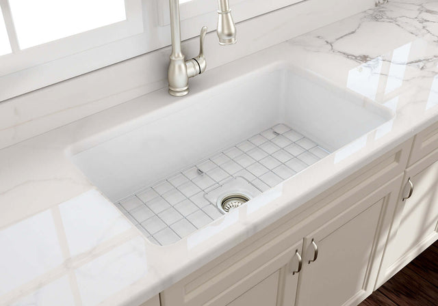 BOCCHI 1362-001-0120 Sotto Dual-mount Fireclay 32 in. Single Bowl Kitchen Sink with Protective Bottom Grid and Strainer in White