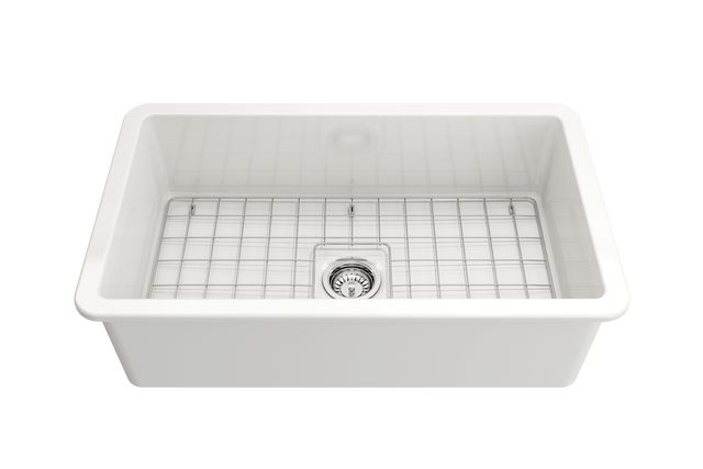 BOCCHI 1362-001-0120 Sotto Dual-mount Fireclay 32 in. Single Bowl Kitchen Sink with Protective Bottom Grid and Strainer in White