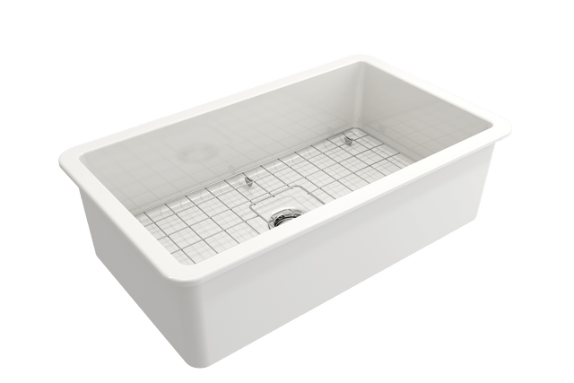 BOCCHI 1362-001-0120 Sotto Dual-mount Fireclay 32 in. Single Bowl Kitchen Sink with Protective Bottom Grid and Strainer in White