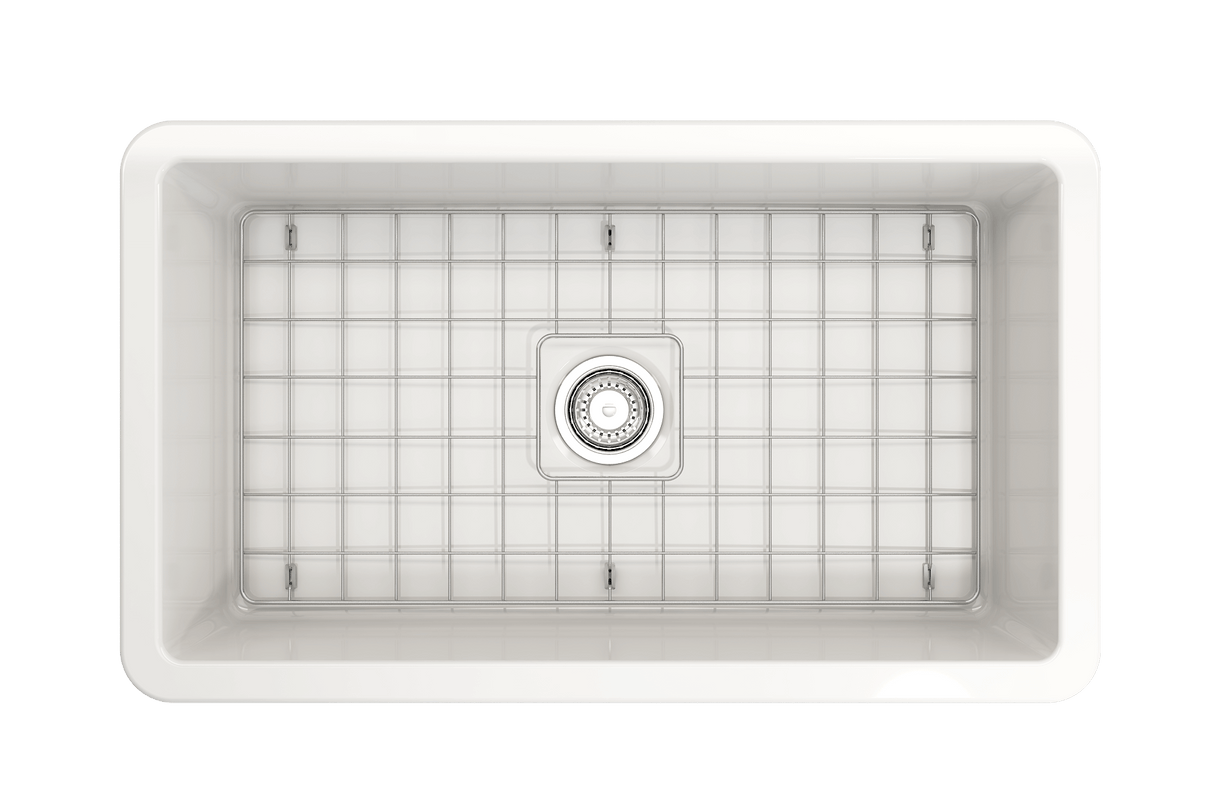 BOCCHI 1362-001-0120 Sotto Dual-mount Fireclay 32 in. Single Bowl Kitchen Sink with Protective Bottom Grid and Strainer in White