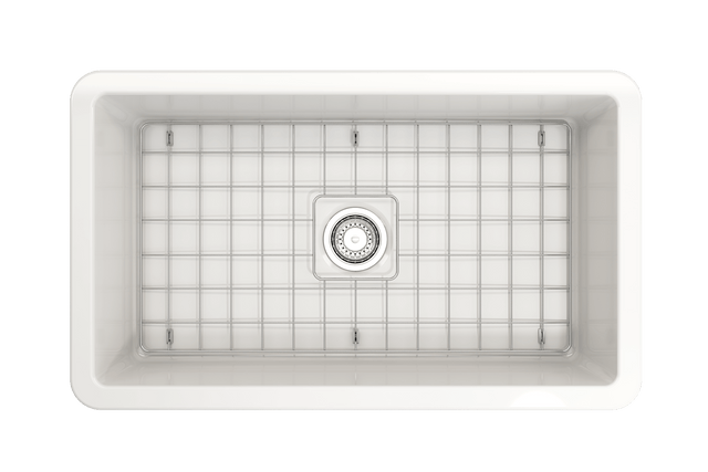 BOCCHI 1362-001-0120 Sotto Dual-mount Fireclay 32 in. Single Bowl Kitchen Sink with Protective Bottom Grid and Strainer in White