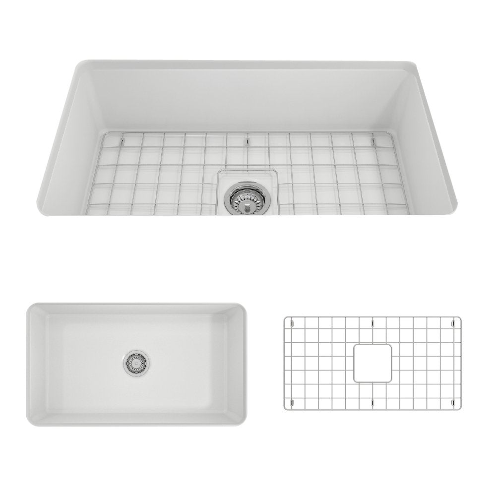 BOCCHI 1362-002-0120 Sotto Dual-mount Fireclay 32 in. Single Bowl Kitchen Sink with Protective Bottom Grid and Strainer in Matte White