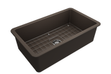BOCCHI 1362-025-0120 Sotto Dual-mount Fireclay 32 in. Single Bowl Kitchen Sink with Protective Bottom Grid and Strainer in Matte Brown