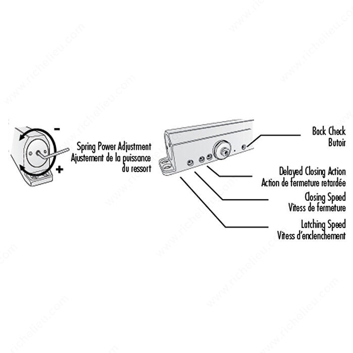 Richelieu 9016CSAL 9016 Series Adjustable Power Door Closer, Door Stop, Not Fire Rated
