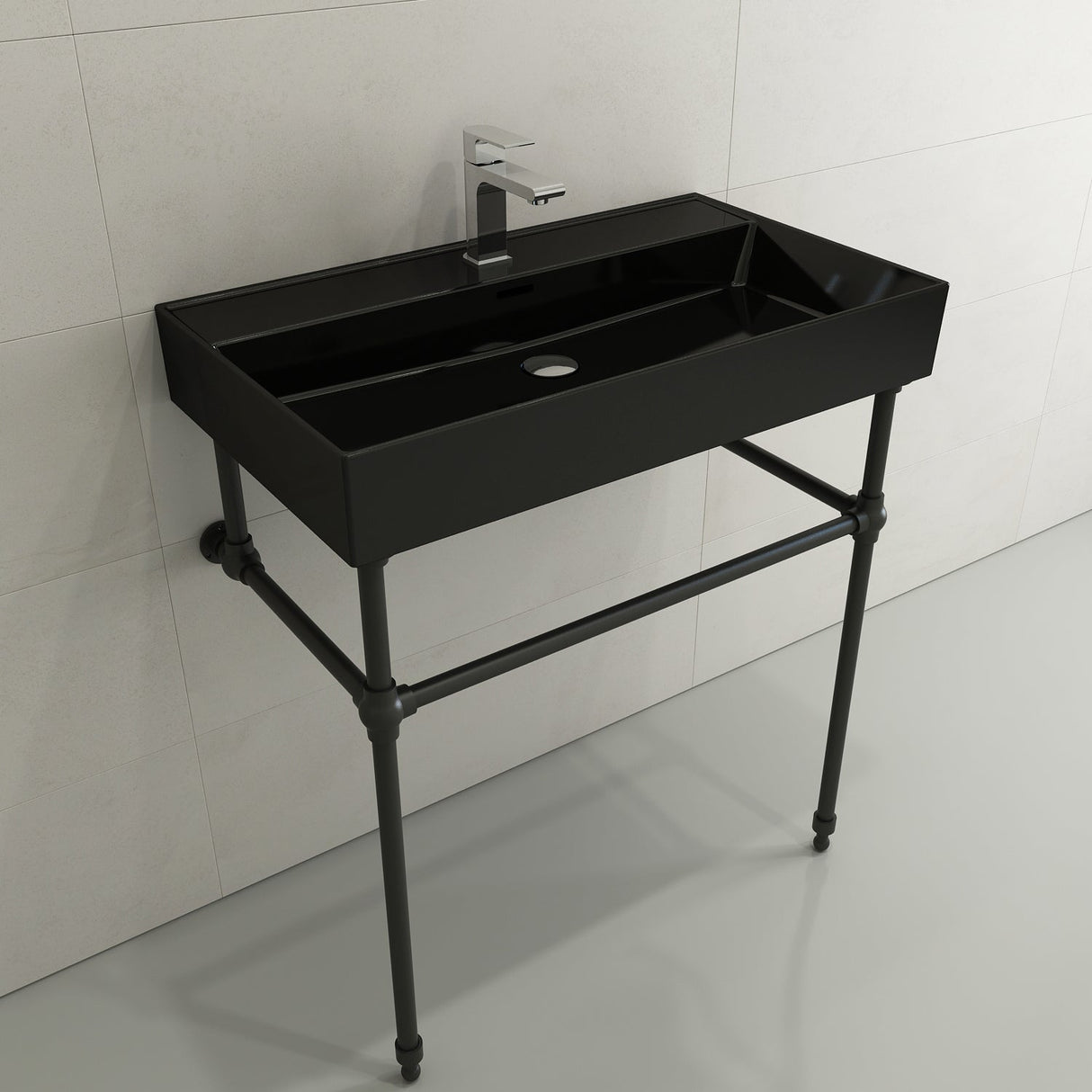 BOCCHI 1377-005-0126 Milano Wall-Mounted Sink Fireclay 32 in. 1-Hole with Overflow in Black